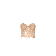 The Sonya Bustier, a beige lace crop top featuring floral patterns and thin adjustable straps in a bustier style, is displayed on a plain white background.