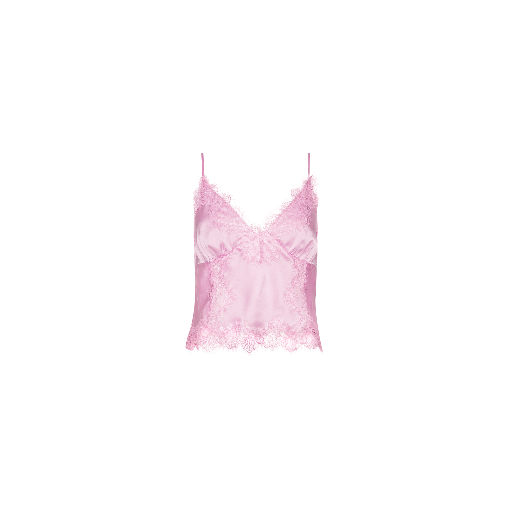 Kimber Silk Lace Camisole in pink, featuring adjustable thin straps and delicate lace trim along the neckline and hem, displayed on a white background.