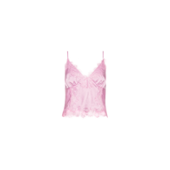 Kimber Silk Lace Camisole in pink, featuring adjustable thin straps and delicate lace trim along the neckline and hem, displayed on a white background.