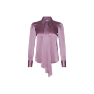 The Honey Silk Blouse is a shiny lavender silk charmeuse top featuring long sleeves, a pointed collar, and an attached long necktie, displayed against a plain white background.