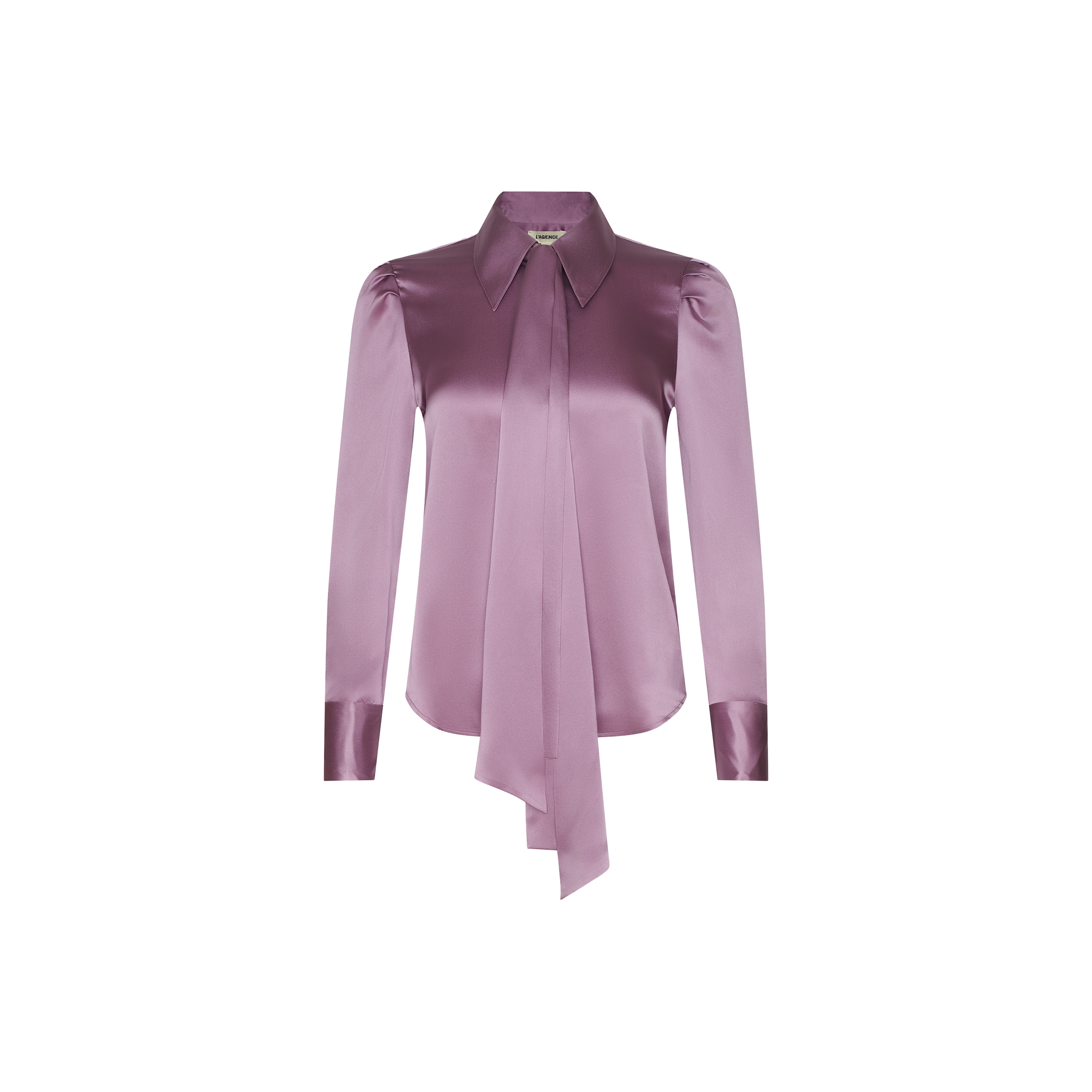 The Honey Silk Blouse is a shiny lavender silk charmeuse top featuring long sleeves, a pointed collar, and an attached long necktie, displayed against a plain white background.