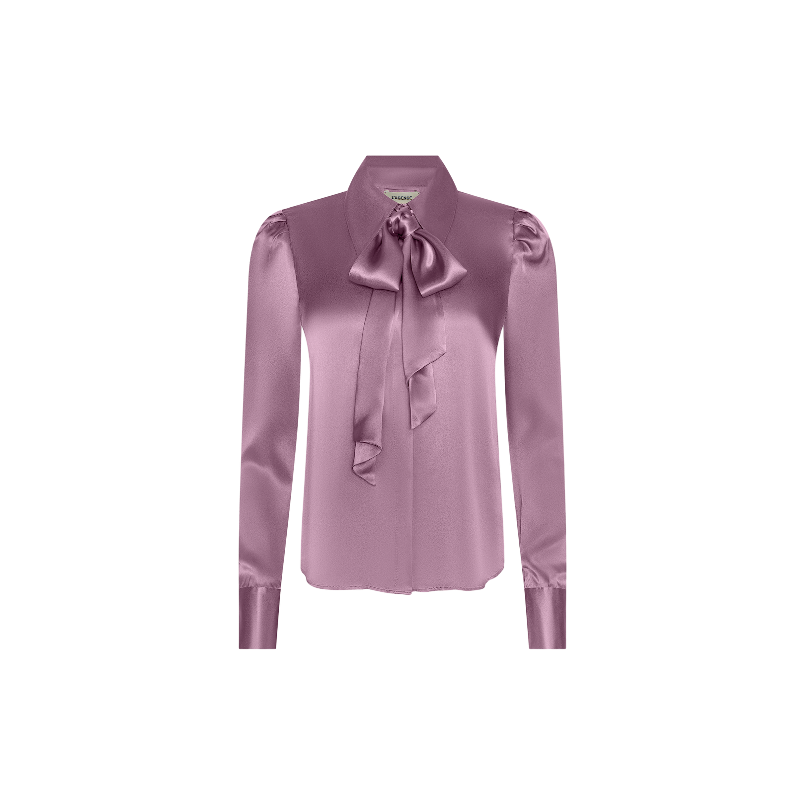 The Honey Silk Blouse is a long-sleeve, wisteria purple satin blouse featuring a tie neck with a large bow, buttoned cuffs, and a fitted silhouette, displayed against a plain white background.