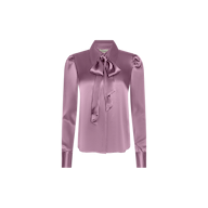 The Honey Silk Blouse is a long-sleeved, lavender silk charmeuse blouse featuring a large tie neck bow and buttoned cuffs, displayed on a plain white background.