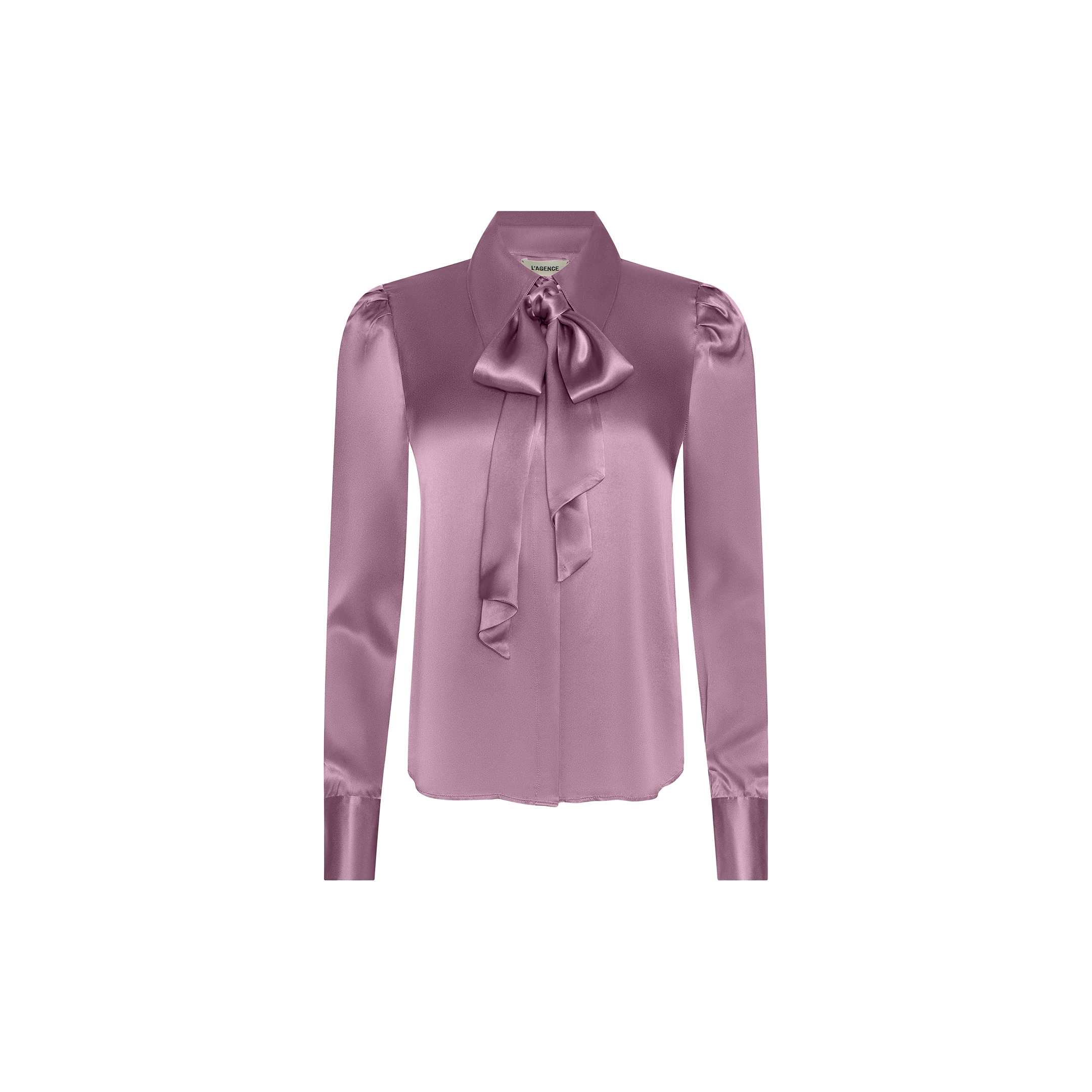 The Honey Silk Blouse is a long-sleeved, lavender silk charmeuse blouse featuring a large tie neck bow and buttoned cuffs, displayed on a plain white background.