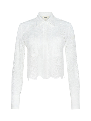 The Roelle Lace Blouse is a romantic, sheer top with long sleeves, floral lace fabric, a collar, button-down front, two chest pockets, and a scalloped hem for a delicate and elegant look.