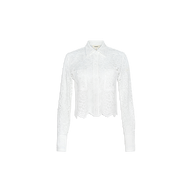 The Roelle Lace Blouse, a romantic long-sleeved white floral lace top featuring a collared neckline, button-down front, and two chest pockets, is displayed on a plain white background.