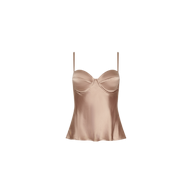 Orlina Silk Camisole in taupe silk charmeuse, featuring thin spaghetti straps and a structured, molded bust with underwire cups.