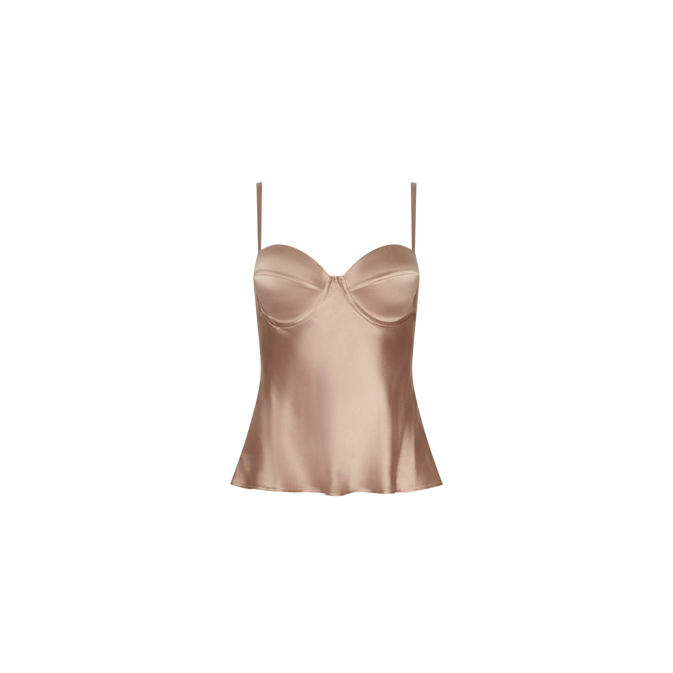Orlina Silk Camisole in taupe silk charmeuse, featuring thin spaghetti straps and a structured, molded bust with underwire cups.