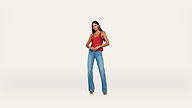 Woman standing against a plain white background, wearing a sleeveless red top, blue flared jeans, and sandals. She has long dark hair and is looking forward with her hands clasped in front.
