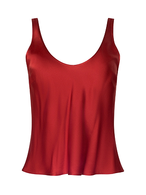 The Eddie Tank is a sleeveless, poppy red bias-cut satin camisole top with a scoop neckline and a loose, flowing fit, shown on a white background.