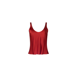The Eddie Tank is a sleeveless, poppy red satin tank top cut on the bias with a scoop neckline, displayed on a plain white background.