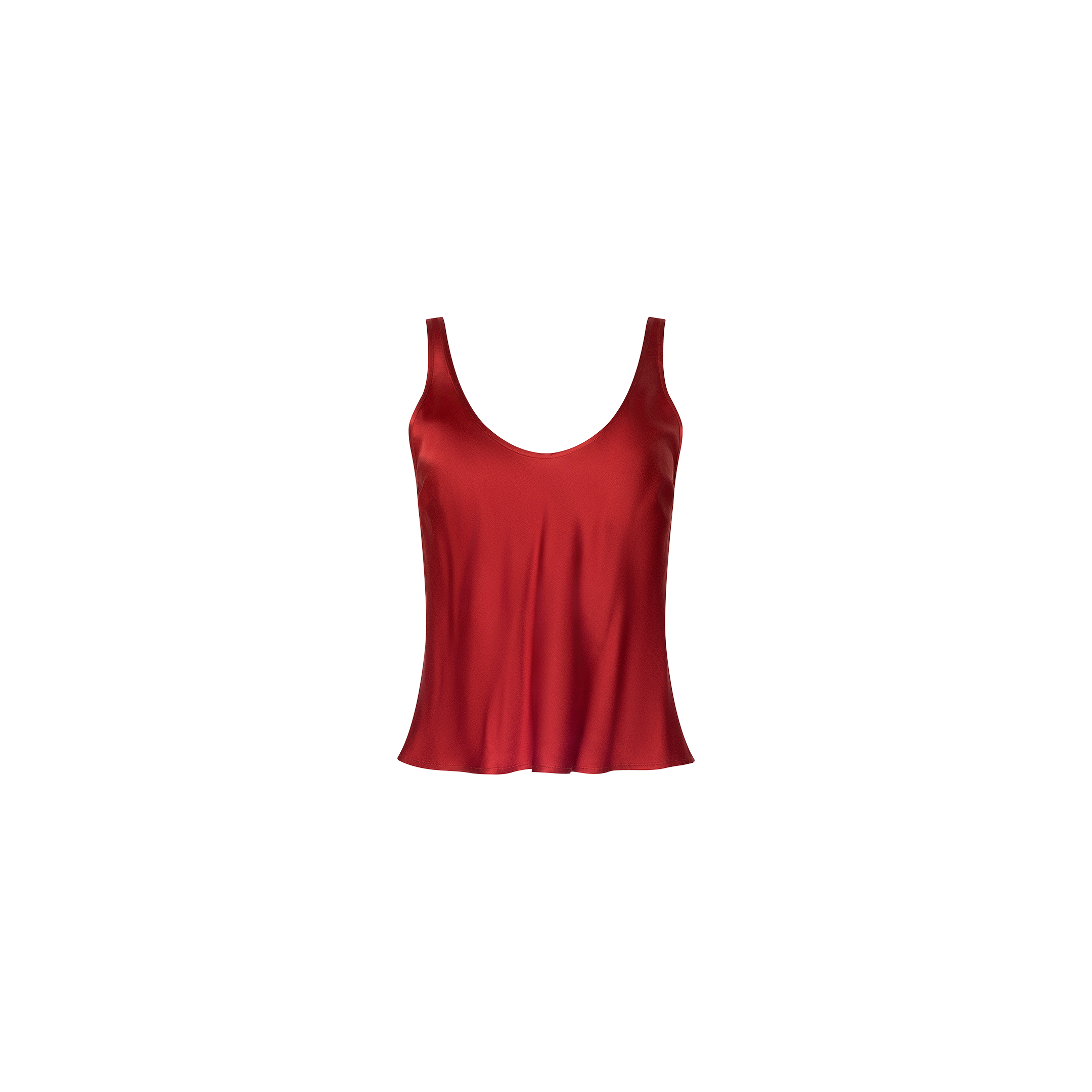 The Eddie Tank is a sleeveless, poppy red bias-cut satin top with a flattering scoop neckline, shown against a plain white background.