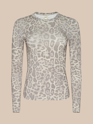 The Tess Long Sleeve Tee features a slim fit and showcases a chic light gray and beige leopard print pattern set against a light beige backdrop.