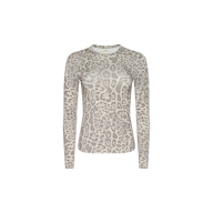 Tess Long Sleeve Tee in a slim fit, featuring a light gray and beige leopard print pattern, displayed on a plain white background.