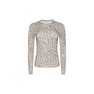 Tess Long Sleeve Tee in a slim fit, featuring a light gray and beige leopard print pattern, displayed on a plain white background.