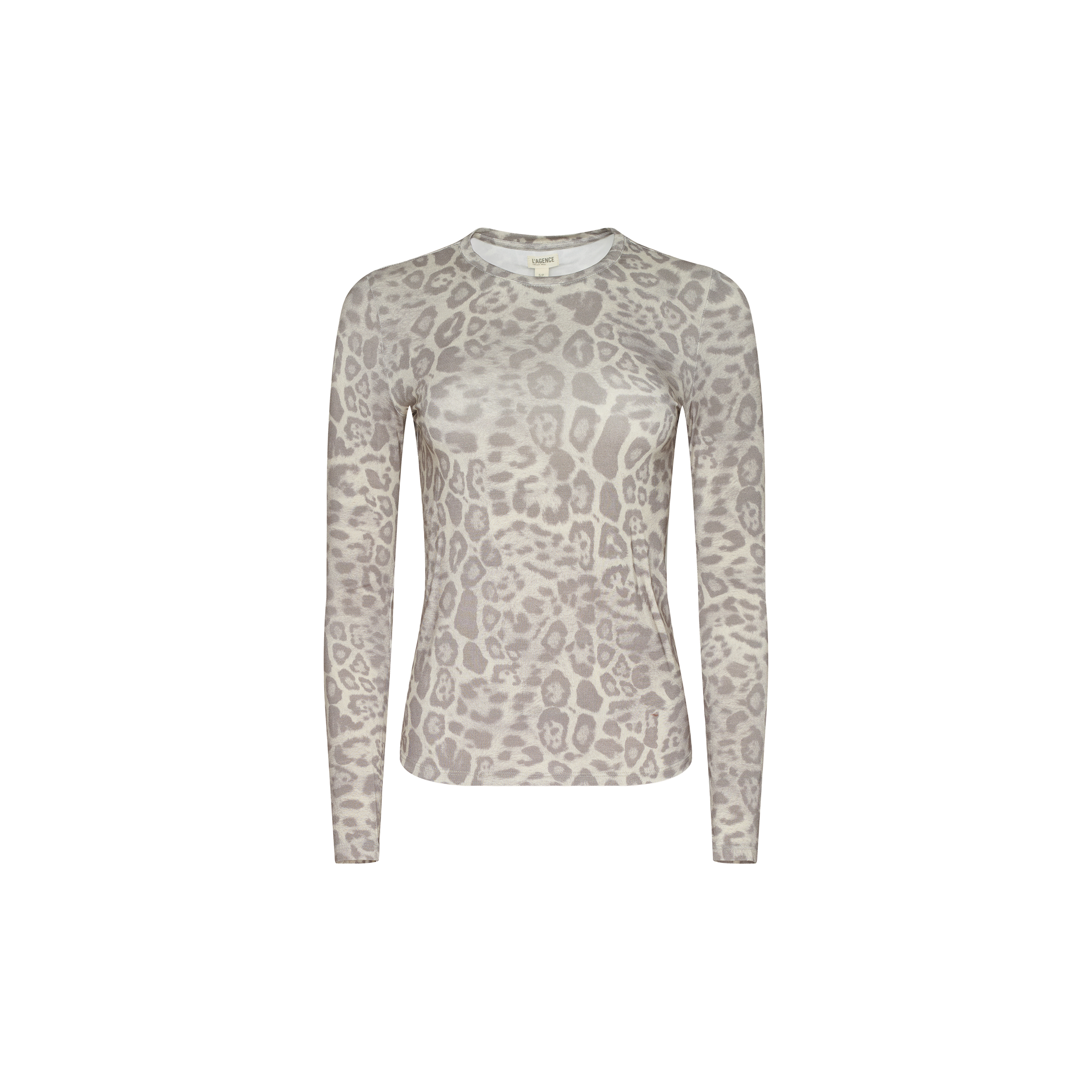 Tess Long Sleeve Tee in a slim fit, featuring a light gray and beige leopard print pattern, displayed on a plain white background.