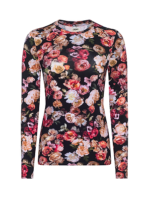 The Tess Long-Sleeve Tee by L'AGENCE is a slim-fit top made from luxe microfiber, showcasing a vibrant multicolored floral print with red, pink, orange, and white flowers on a black background.