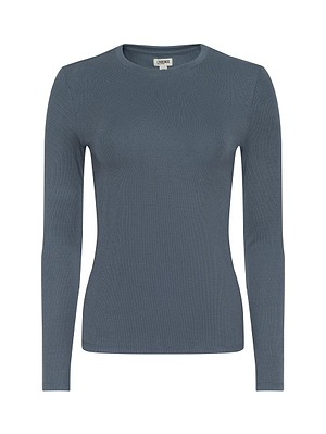 The Tess Long-Sleeve Tee by L'AGENCE features a slim fit, crew neck, and luxe microfiber fabric in muted blue-grey, shown on a plain white background.