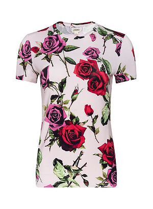 The Ressi Fitted Tee is a bestselling short-sleeved, light pink T-shirt with a vibrant all-over print of red and purple roses with green leaves, made from comfortable stretch jersey knit.