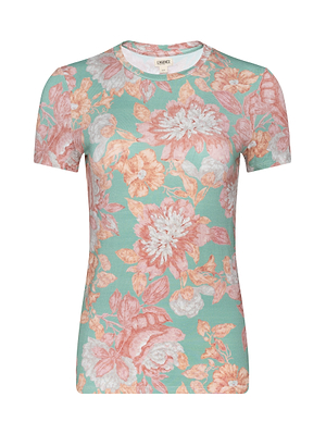 The Ressi Fitted Tee is a bestselling short-sleeved shirt with a pastel floral print in pink, peach, and white on light teal. It features a crew neckline and a flattering slim fit.