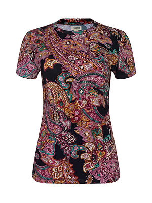 The Ressi Fitted Tee by L'AGENCE is a women's short sleeve top made from soft stretch jersey, showcasing a vibrant pink, purple, green, and gold paisley print on a black background.