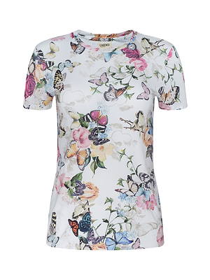 The Ressi Fitted Tee is a bestselling, short-sleeved top with a white background and an allover vibrant floral and butterfly print on stretch jersey knit.