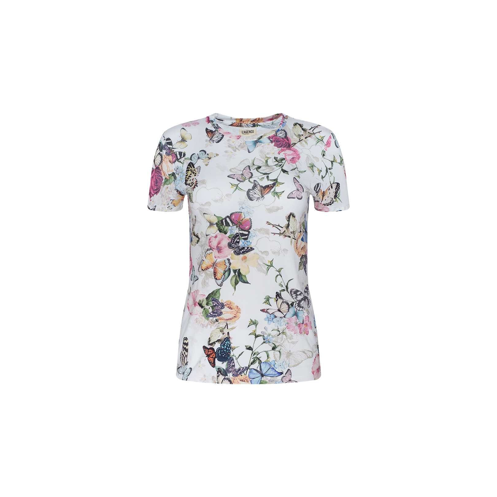 The Ressi Fitted Tee is a short-sleeve, bestselling white top made from soft stretch jersey knit, featuring a colorful butterfly garden print design on the front, and shown on a plain white background.