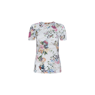 The Ressi Fitted Tee is a short-sleeve, bestselling white top made from soft stretch jersey knit, featuring a colorful butterfly garden print design on the front, and shown on a plain white background.