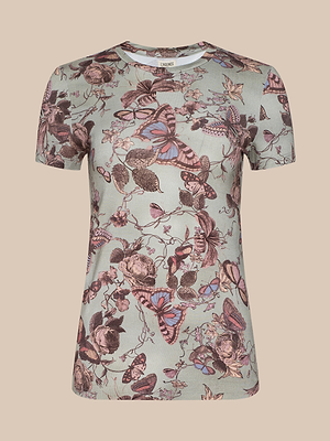 The Ressi Fitted Tee is a bestselling short-sleeved light gray top in stretch jersey knit, featuring pink, purple, and brown floral and butterfly prints on a plain beige background.