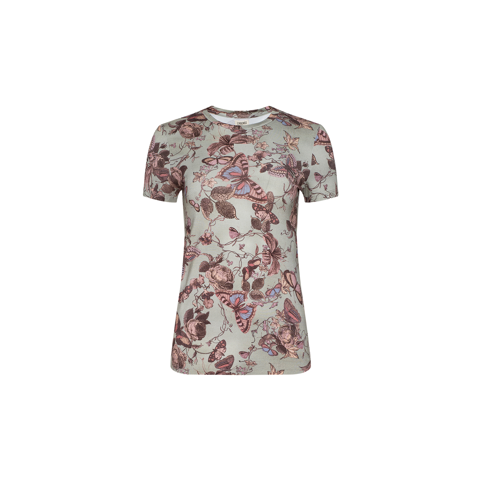 Introducing the Ressi Fitted Tee: a short-sleeved, light gray t-shirt adorned with an intricate all-over butterfly and floral print in pink, brown, and purple, displayed on a plain white background. This bestselling slim cut tee blends comfort with standout style for a chic look.