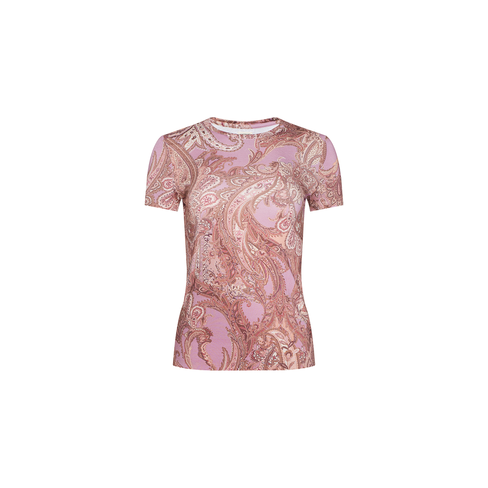 Introducing the Ressi Fitted Tee—a short-sleeve, stretch jersey knit t-shirt featuring a pink and brown mauve paisley print, shown against a plain white backdrop. This bestselling style combines comfortable fit with eye-catching design, making it perfect for any occasion.