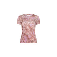 Ressi Fitted Tee crafted from stretch jersey knit, featuring a mauve paisley print in pink and beige, displayed on a plain white background.