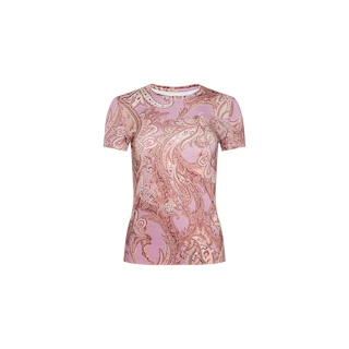 Introducing the Ressi Fitted Tee—a short-sleeve, stretch jersey knit t-shirt featuring a pink and brown mauve paisley print, shown against a plain white backdrop. This bestselling style combines comfortable fit with eye-catching design, making it perfect for any occasion.