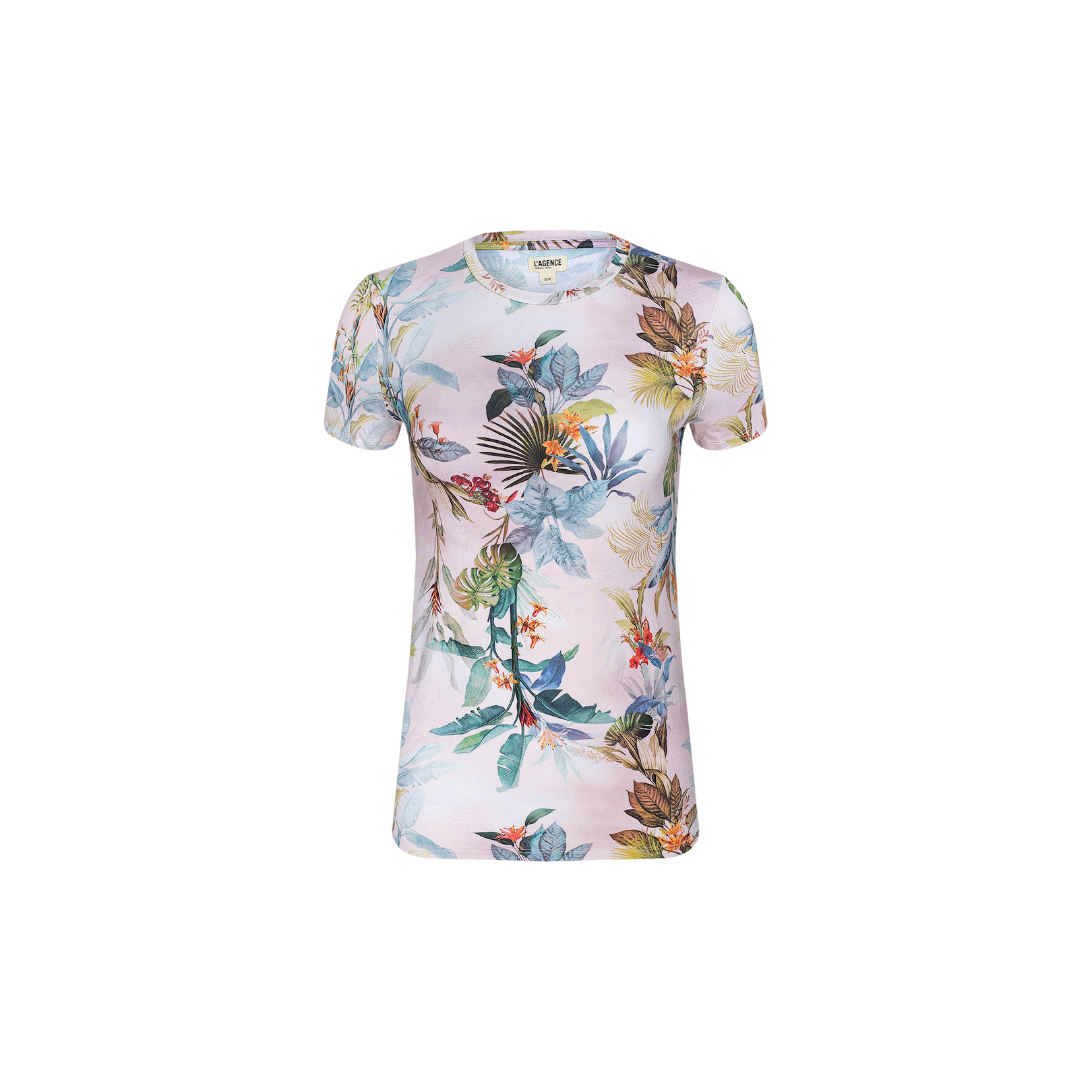 The Ressi Fitted Tee is a bestselling short-sleeve t-shirt showcasing a vibrant tropical floral and palm leaf print with colorful birds, all set against a plain white background.