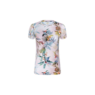 Introducing the Ressi Fitted Tee: a short-sleeve t-shirt featuring a vibrant tropical floral pattern with palm leaf prints and colorful flowers, displayed on a plain white background. This bestselling tee delivers a stylish vibe with its slim, fitted cut.