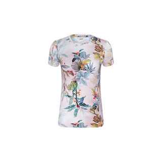 The Ressi Fitted Tee is a bestselling short-sleeve t-shirt showcasing a vibrant tropical floral and palm leaf print with colorful birds, all set against a plain white background.