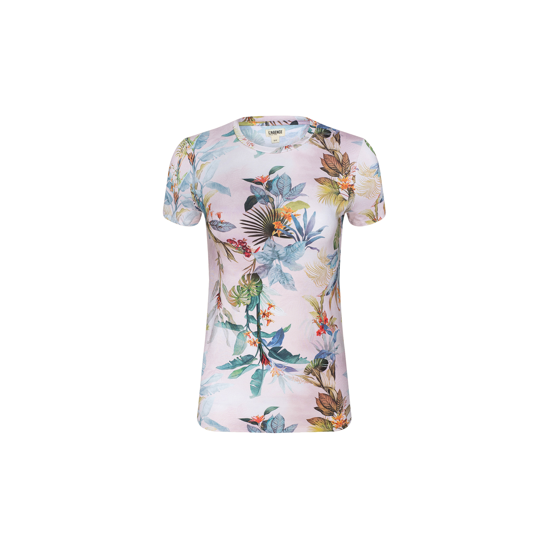 Introducing the Ressi Fitted Tee: a short-sleeve t-shirt featuring a vibrant tropical floral pattern with palm leaf prints and colorful flowers, displayed on a plain white background. This bestselling tee delivers a stylish vibe with its slim, fitted cut.