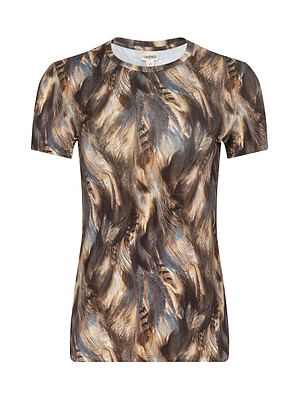 A bestselling style, the Ressi Fitted Tee is a short-sleeved t-shirt in stretch jersey with an all-over feather print in brown, black, blue, and beige on a plain white background.