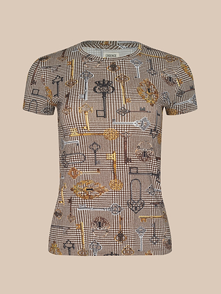 Introducing the Ressi Fitted Tee: a short-sleeved, slim-cut top crafted from soft printed jersey, showcasing a unique pattern of vintage keys in black, brown, and gold hues set against a beige checkered background.