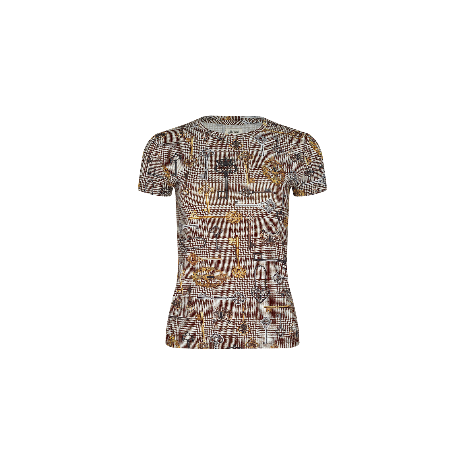 Introducing the Ressi Fitted Tee—a short-sleeve, slim cut t-shirt in a beige and brown checkered pattern. This bestselling piece is adorned on the front with striking gold and black floral and key motifs, blending modern edge with classic design for a standout addition to any wardrobe.