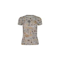 The Ressi Fitted Tee is a slim cut, short-sleeve shirt showcasing a beige and brown checkered pattern, highlighted with golden floral and geometric accents on a crisp white background.