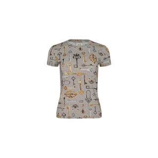 Introducing the Ressi Fitted Tee—a short-sleeve, slim cut t-shirt in a beige and brown checkered pattern. This bestselling piece is adorned on the front with striking gold and black floral and key motifs, blending modern edge with classic design for a standout addition to any wardrobe.