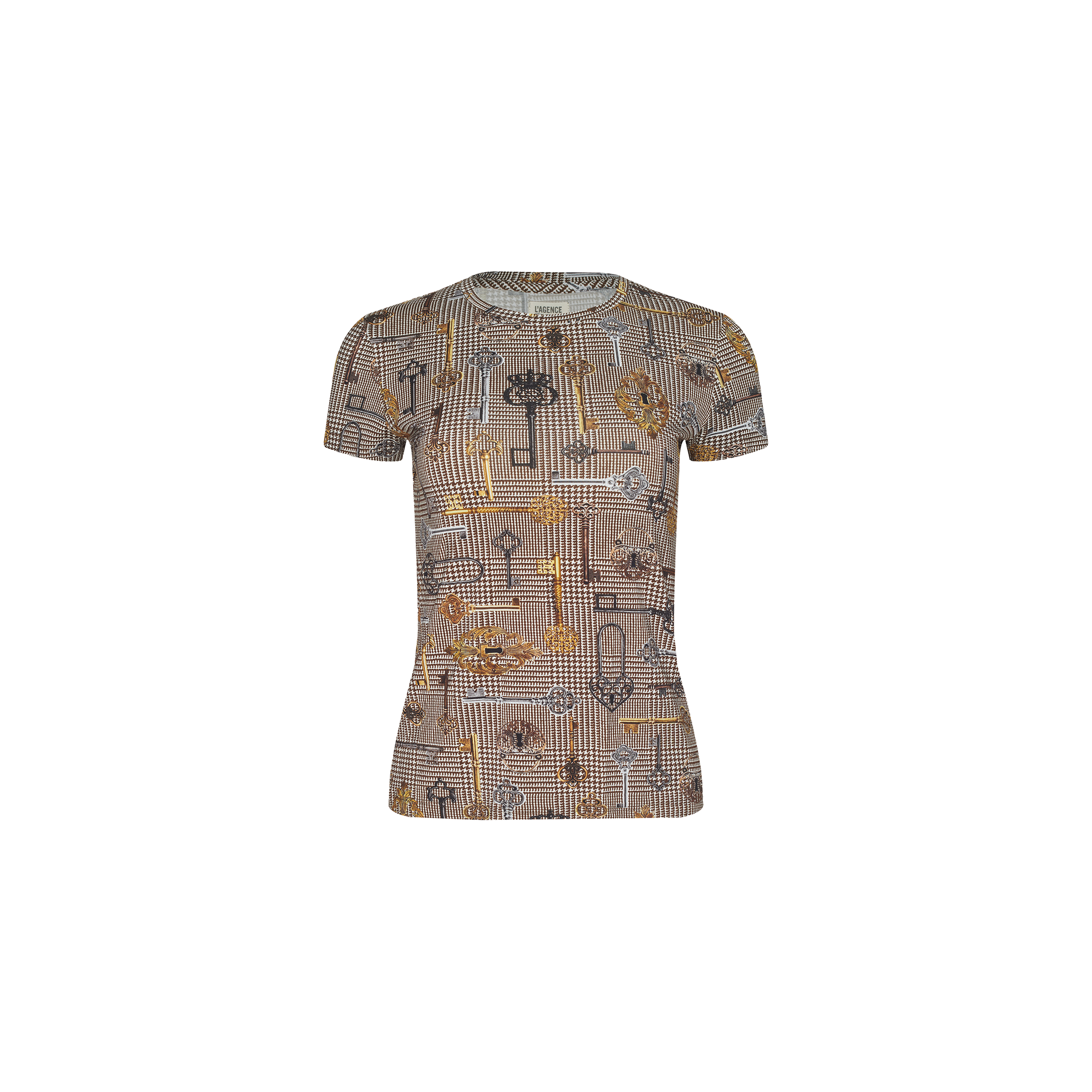 The Ressi Fitted Tee is a slim cut, short-sleeve shirt showcasing a beige and brown checkered pattern, highlighted with golden floral and geometric accents on a crisp white background.