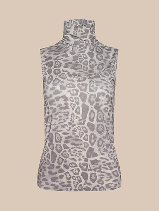 Ceci Sleeveless Turtleneck, a slim fit sleeveless top with a gray and white leopard print pattern, shown against a light beige background.