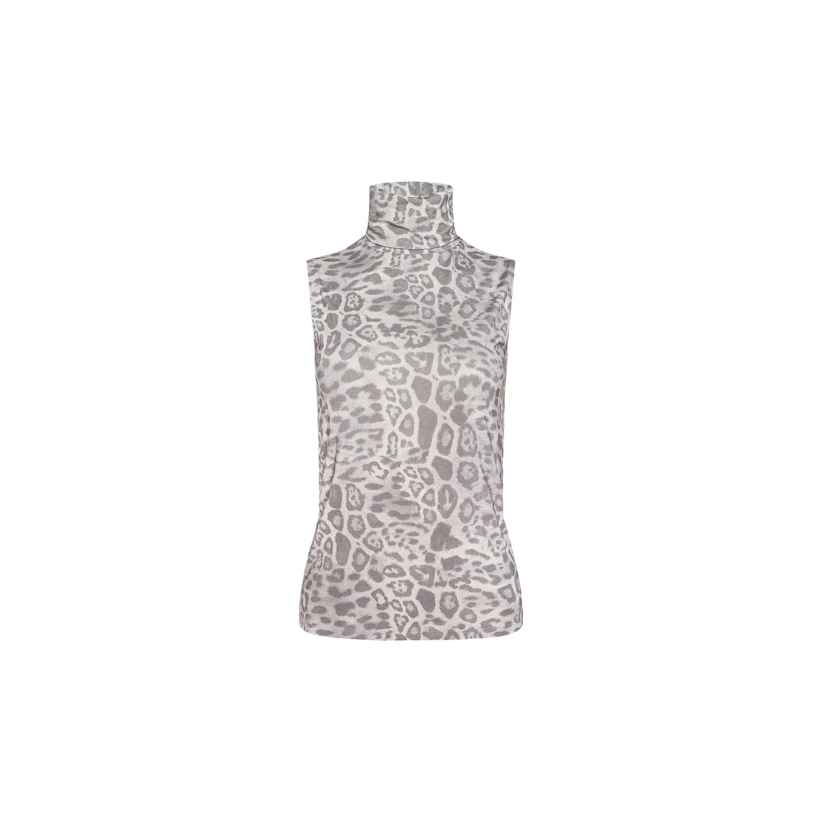 Ceci Sleeveless Turtleneck, a slim fit high-neck top featuring a grey and white leopard print pattern, displayed on a plain white background.