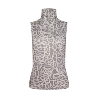 Ceci Sleeveless Turtleneck, a slim fit high-neck top featuring a grey and white leopard print pattern, displayed on a plain white background.