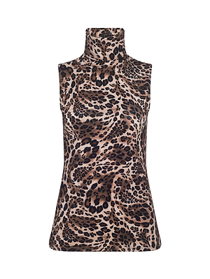 The L'AGENCE Ceci Sleeveless Turtleneck features a slim fit and high neck, adorned with an all-over leopard print in brown, black, and tan against a white background.