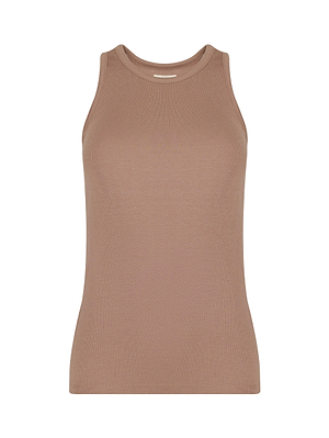 The Nia Tank by L'AGENCE is a sleeveless, ribbed taupe racerback with a high neckline, made from soft microfiber modal and shown against a white background.