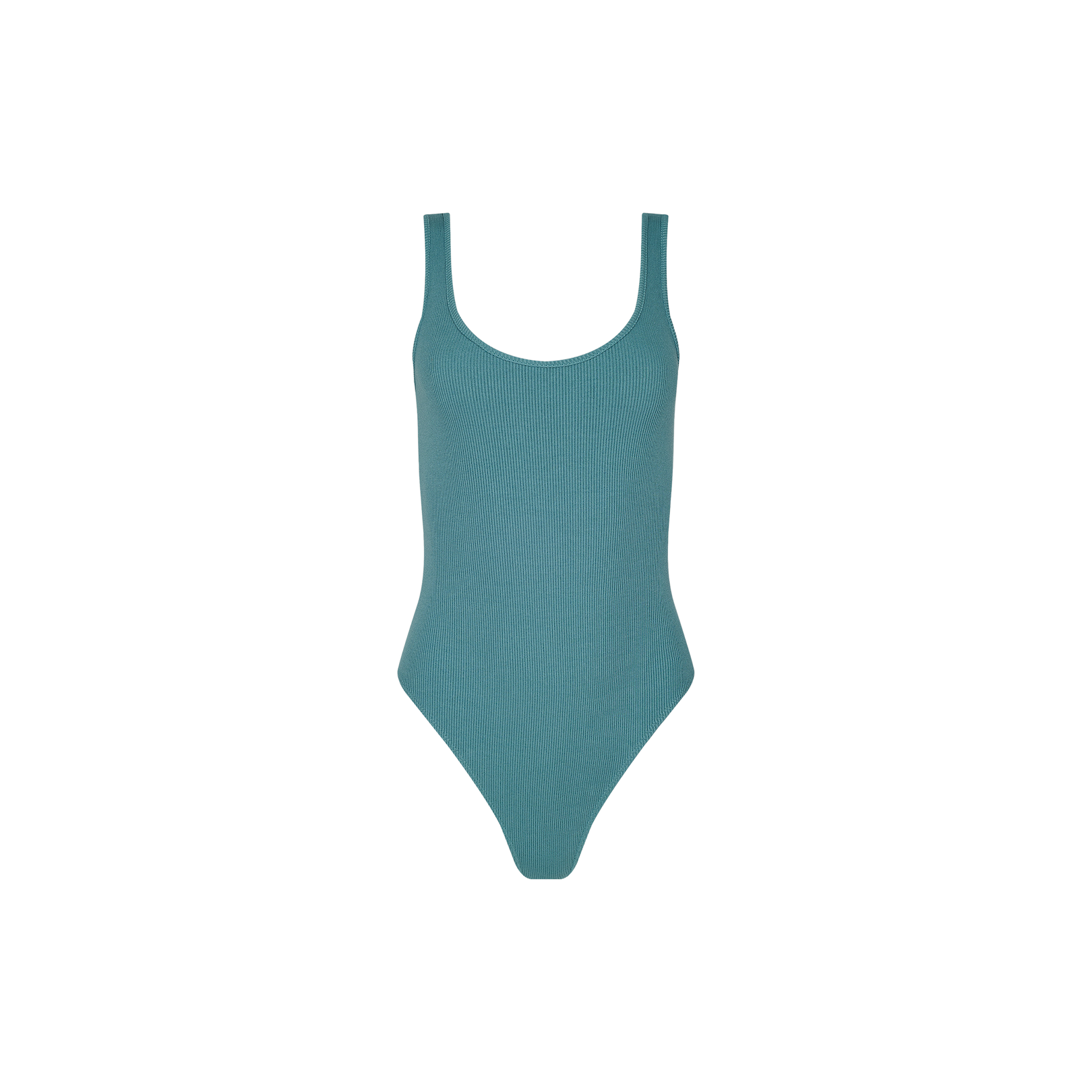 A teal Nica Scoopneck Bodysuit, designed sleeveless with ribbed fabric and a sculpted fit, featuring a scoop neckline and high-cut legs, is displayed on a plain white background.