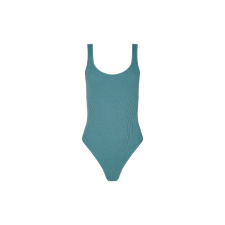 A teal Nica Scoopneck Bodysuit, designed sleeveless with ribbed fabric and a sculpted fit, featuring a scoop neckline and high-cut legs, is displayed on a plain white background.